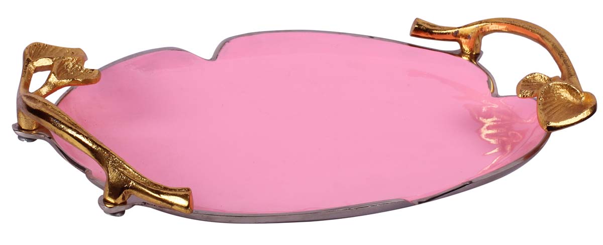Buy in Bulk Wholesale Metal Tray with Leaf Handles - 15.5” Hand-Enamelled Decorative Pink Golden - Modern Home Decor